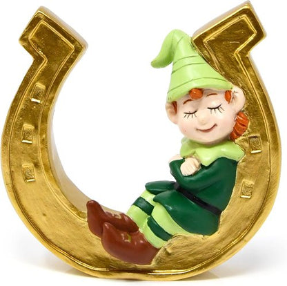 Gift Boutique St. Patrick’s Day Leprechaun Figurine - Lucky Charm Ornament on Golden Horseshoe for Home & Office Decor