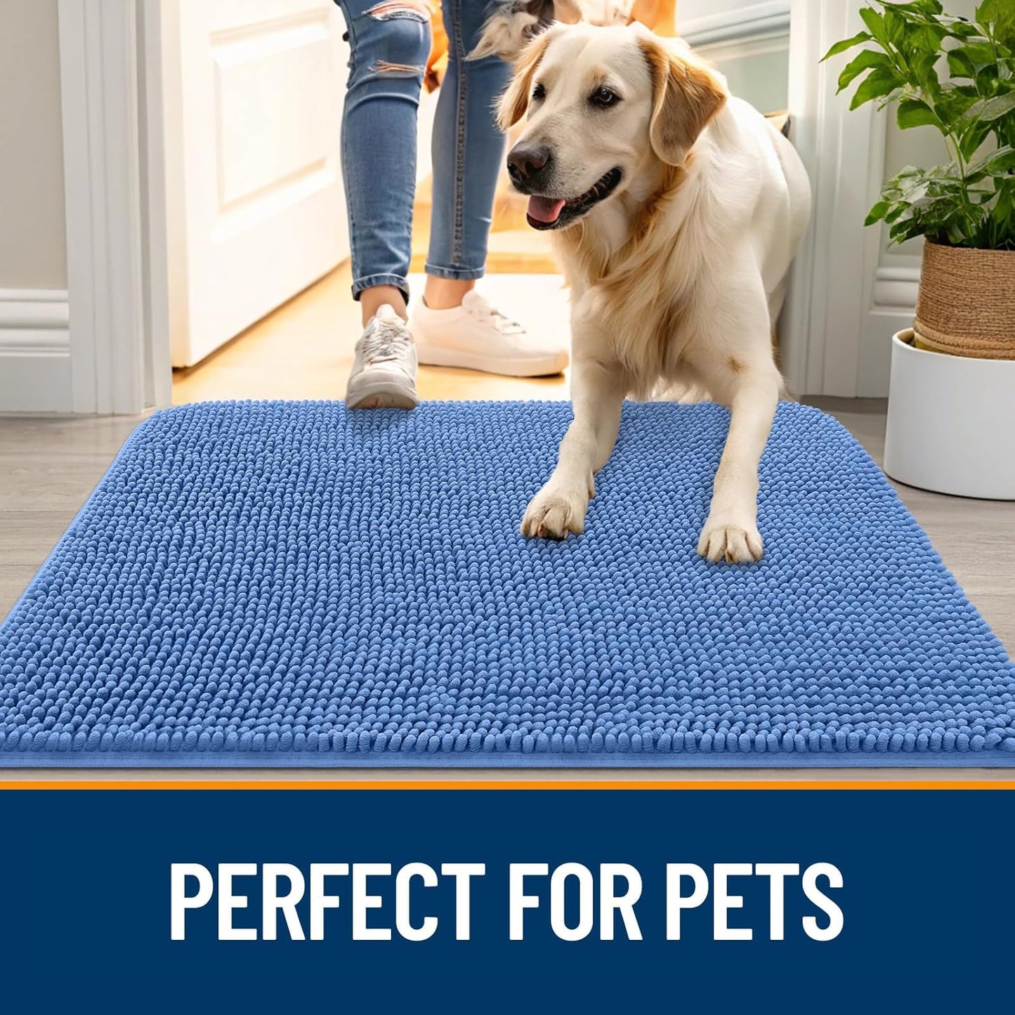 OLANLY Dog Door Mat - Absorbent Non-Slip Washable Doormat for Muddy Paws | 50x30 Cornflower Blue