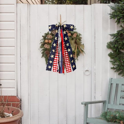 Large Patriotic Star Ribbon Bow by [Brand Name] - Red White Buffalo Plaid Fabric Ribbons Set for 4th of July Decor