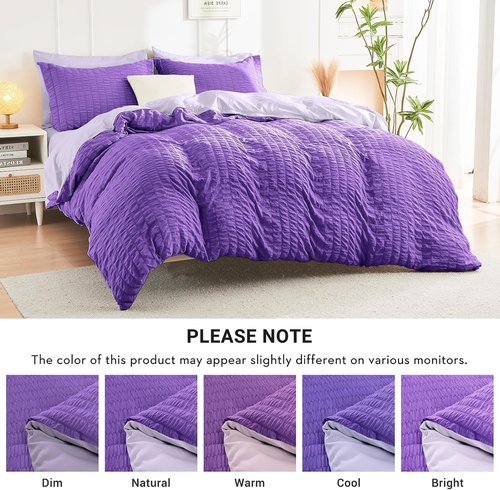 HYMOKEGE Twin Comforter Set - Dark Purple & Lavender Seersucker | 5-Piece All-Season Luxury Bedding Set