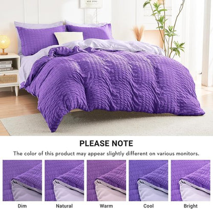 HYMOKEGE Twin Comforter Set - Dark Purple & Lavender Seersucker | 5-Piece All-Season Luxury Bedding Set