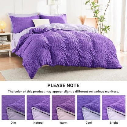HYMOKEGE Dark Purple/Lavender Queen Comforter Set Seersucker 7 Pieces, All Season Luxury Bed in a Bag Queen for Bedroom, Bedding Set with Comforter, Sheets, Pillowcases & Shams