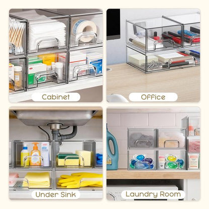 Criusia Stackable Storage Drawers, 3 Pack Clear Acrylic Makeup & Bathroom Organizer, Versatile Storage Bins for Vanity, Under Sink, Kitchen Cabinets & Pantry