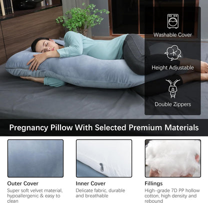 MOON PARK Pregnancy Pillow - 57-Inch U-Shaped Full Body Maternity Support - Removable Cover, Grey