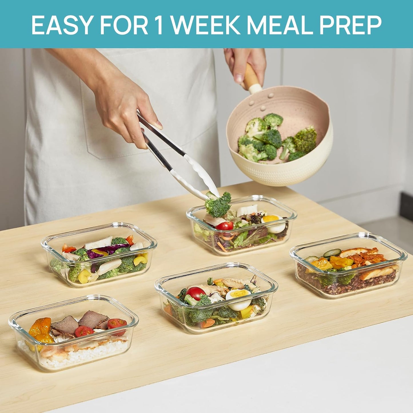 Vtopmart Glass Storage Containers - 22oz Meal Prep Set with Airtight Snap Lids | 5-Pack, Blue
