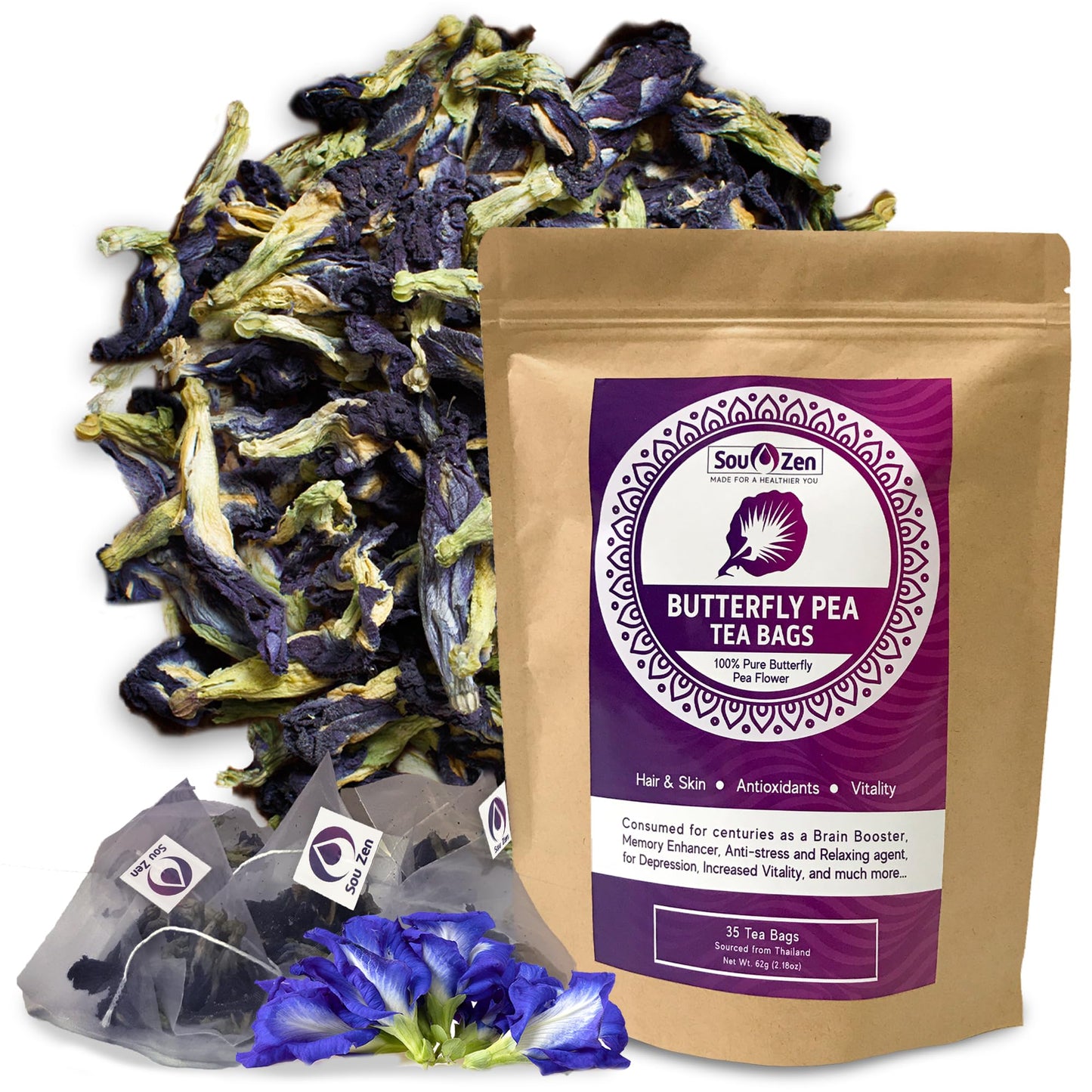 Sou Zen Butterfly Pea Flowers 35 Corn-fiber Pyramid Tea Bags | Premium Quality | Natural, Raw Drink Mix w/Antioxidants, Organic Nootropics | Promotes Relaxing Calm, Stress Relief | Thai Herbal