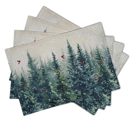 Winter Tree Placemats Set of 4 - 12x18 In Linen Christmas Forest with Red Birds
