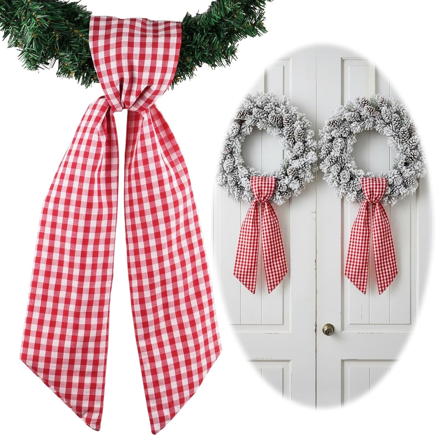 Regine Switzerland Wreath Sash 2-Pack - Red White Checkered Plaid Bow Ribbon Bundle for Holiday Decor (5.12" x 54.33")