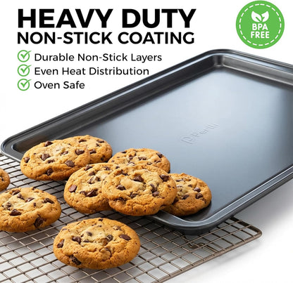 PERLLI Non-Stick Baking Pan Set | 3-Piece Carbon Steel with Even Heat Distribution, Oven Safe to 446°F, BPA-Free, Gray