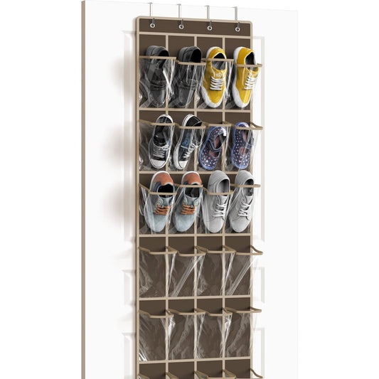 Simple Houseware 24 Pockets - Crystal Clear Over The Door Hanging Shoe Organizer, Brown (64'' x 19'')