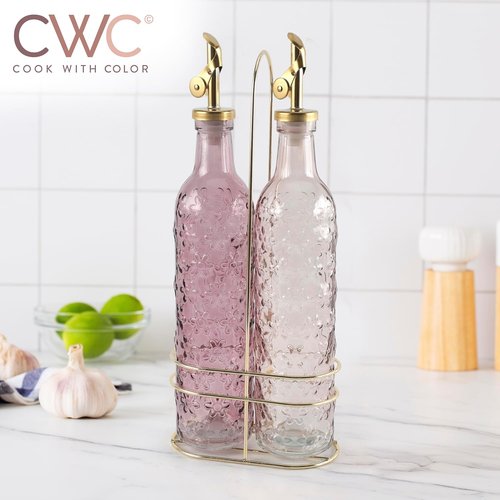 COOK WITH COLOR Glass Olive Oil Bottle Dispenser - 17oz Oil and Vinegar Cruet Set - Floral Pink Design