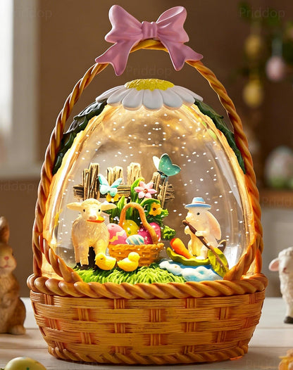 Priddop Easter Bunny Snow Globe | 9.5-Inch Decorative Basket with Glittering Snowfall & Timer
