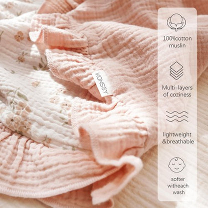 Konssy Flounce Muslin Baby Blanket for Girls Boys, 100% Cotton Soft Crib Swaddle Blankets, Reversible & Breathable Nursery Bedding for Newborns Toddlers, 40 x 36 Inches (Blossom)