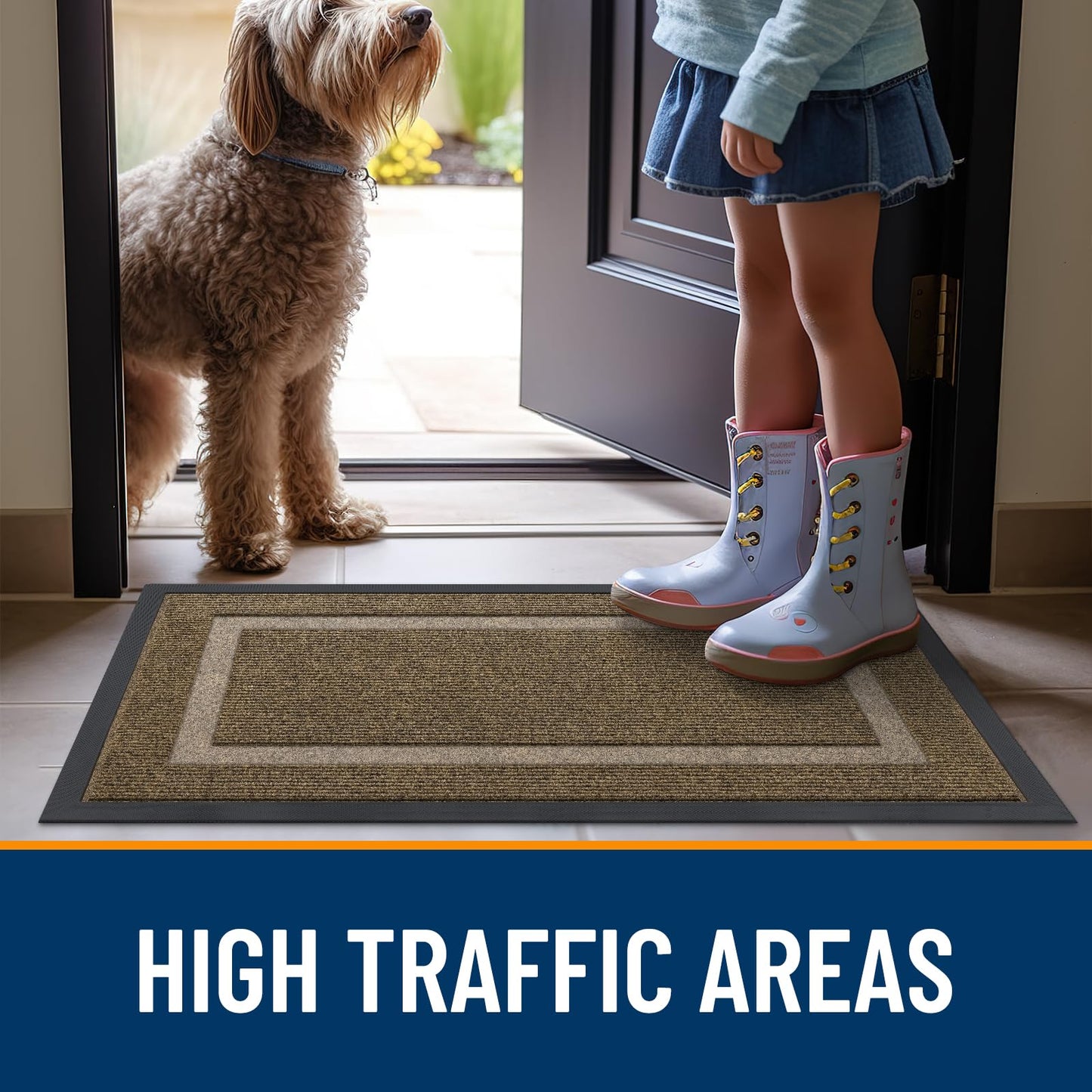 OLANLY Front Door Mat Indoor Outdoor Entrance, Waterproof All-Season, All-Weather Doormat, Sturdy Natural Rubber, Fade Resistant, Low Profile, Easy Clean Patio Porch Entryway Mat, 59x23, Brown