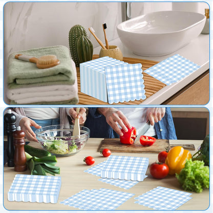 Skiennix 100Pcs Blue & White Scalloped Napkins - 6.5in Plaid Disposable Party Supplies for Weddings & Showers