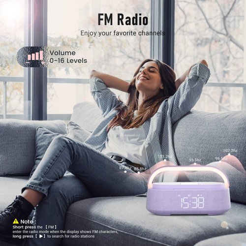 FREEFISH Bluetooth Speaker with Wireless Charger, FM Radio, Dimmer Night Light, Phone Holder, Wireless Charging Speakers for iPhone Samsung AirPods, Bedrooms Home Office Gifts