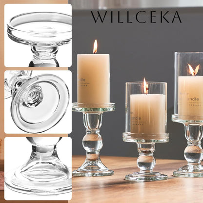 Skiennix Clear Candle Holders - Elegant Glass Pillar Set for Taper Candles | 3 Pieces