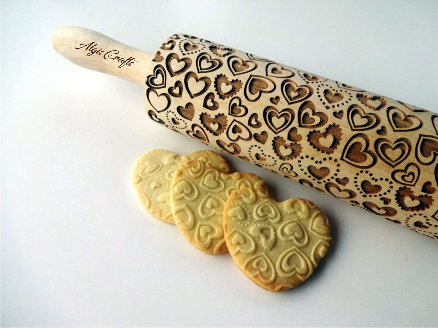 HEARTS EMBOSSING ROLLING PIN WOODEN ROLLING PIN for EMBOSSED COOKIES with LOVE HEARTS