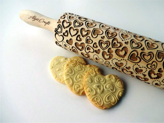 HEARTS EMBOSSING ROLLING PIN WOODEN ROLLING PIN for EMBOSSED COOKIES with LOVE HEARTS