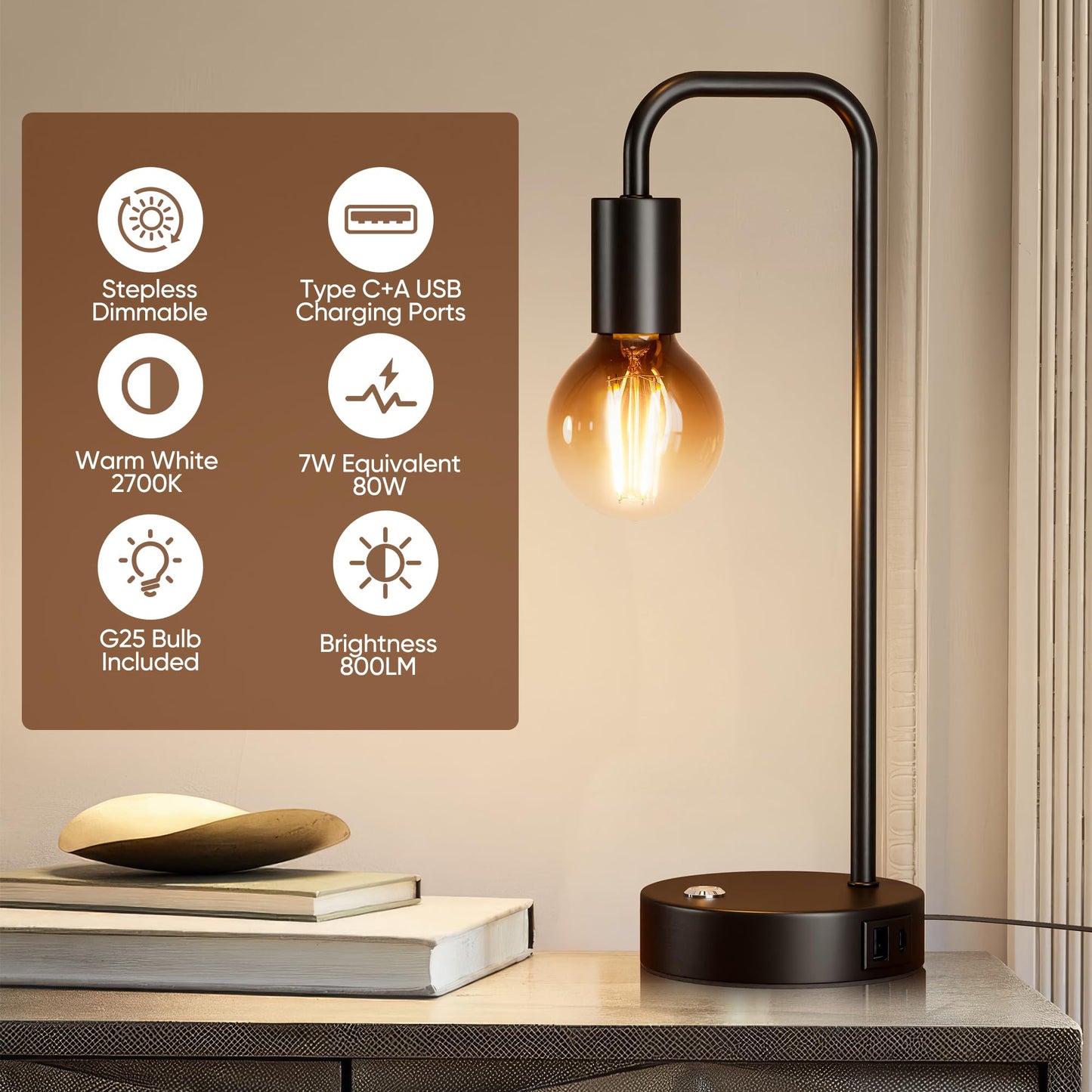 QiMH Industrial Table Lamps for Living Room, Farmhouse Table Lamp with USB A+C Ports, Minimalist Bedside Lamps Set of 2, Touch Control Stepess Dimmable,8W G80 Globe Bulb, Black Lamps for Bedroom