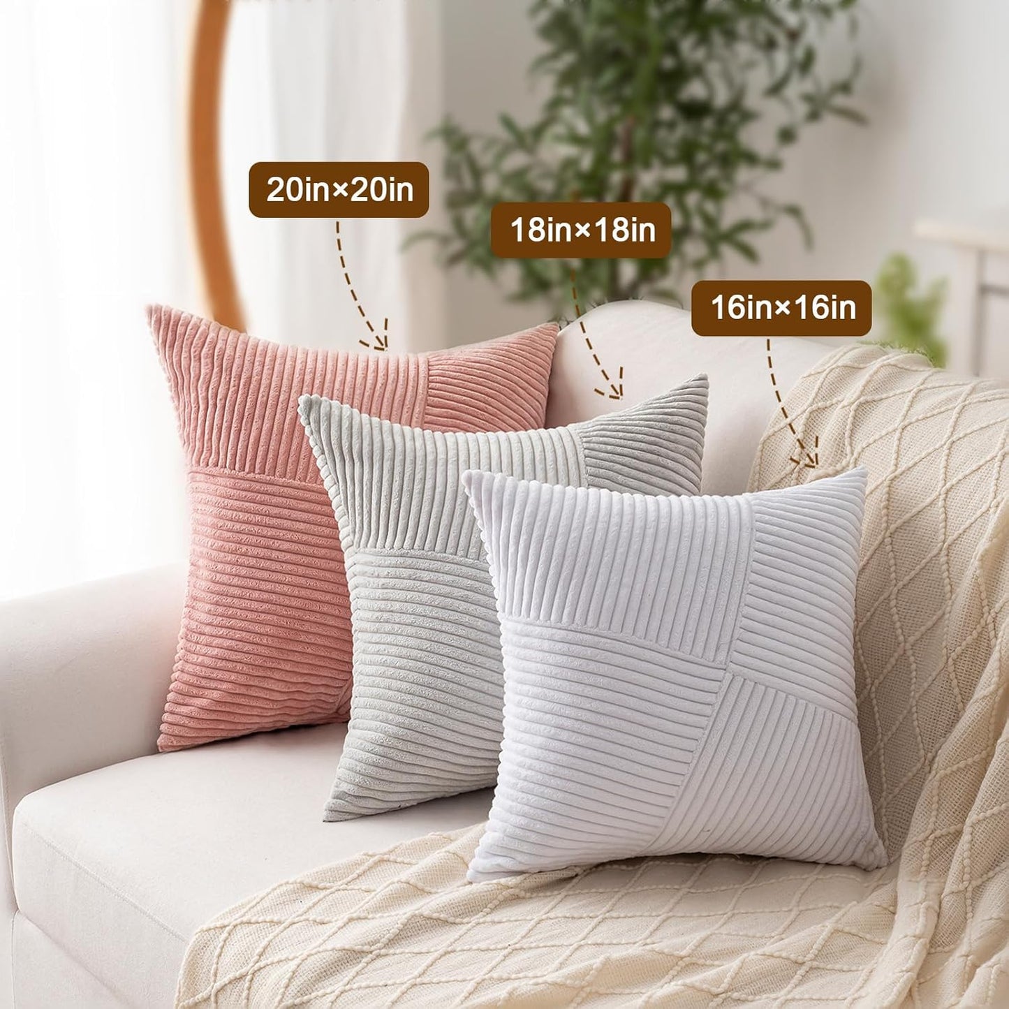 Skiennix Decorative Throw Pillow Covers - Set of 2, 18x18 Inch Boho Farmhouse Cushion Cases | Soft Cream White Corduroy