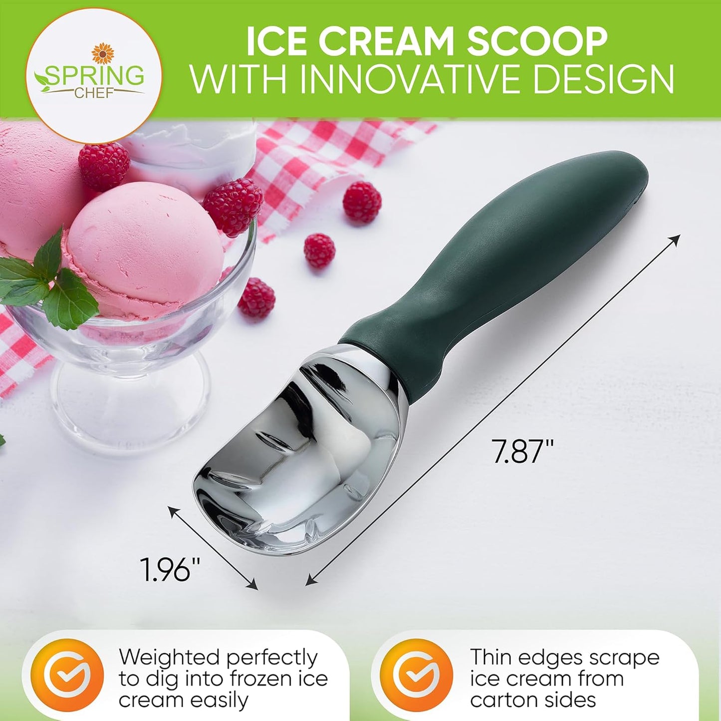 Spring Chef Ice Cream Scoop - Heavy Duty Soft Grip Handle for Cookie Dough & Gelato | Pine Green