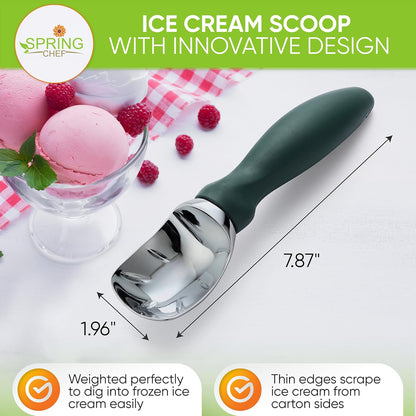Spring Chef Ice Cream Scoop - Heavy Duty Soft Grip Handle for Cookie Dough & Gelato | Pine Green