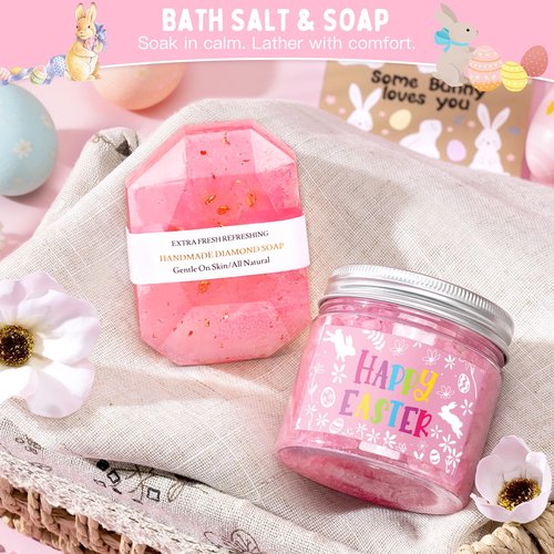 Frerdui Easter Gifts for Women & Teens, Prefilled Easter Basket Stuffers Essentials for Adults & Teen Girls with Bunny Glass Cup, Scented Candle, Socks & Bracelets