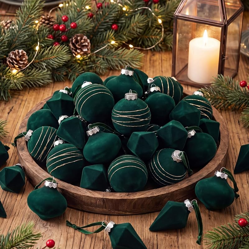 Green Velvet Christmas Ball Ornaments - 24pc Shatterproof Flocked Xmas Decorations (Variation: Green+24)