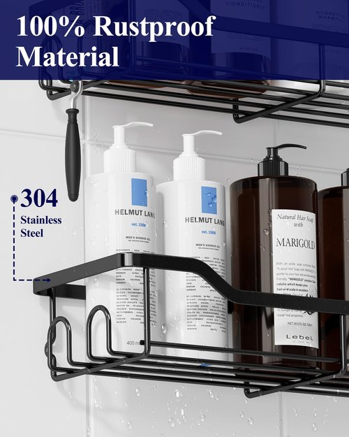 Kitsure Shower Caddy Large - Adhesive Shower Organizer, Stainless Steel Shelf for Inside Shower, No Drill Bathroom Organizers and Storage, Home Decor Accessories, 2 Pack, Black
