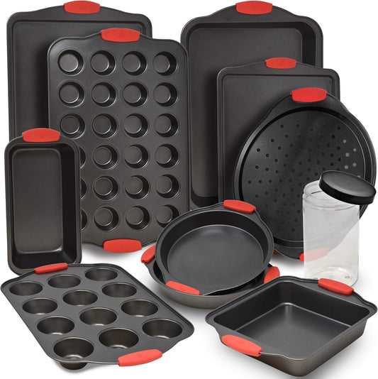 Perlli 12-Piece Nonstick Bakeware Set - Quality Carbon Steel Kitchenware with Red Silicone Handles | Ideal for Cakes, Loaves, Muffins & More