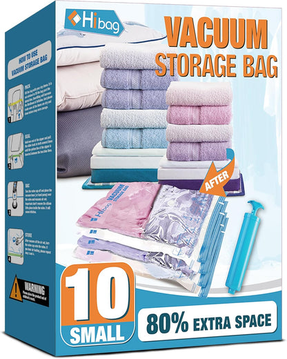 Skiennix Vacuum Storage Bags - 10 Small Space Saver Seal Bags for Clothes with Travel Hand Pump