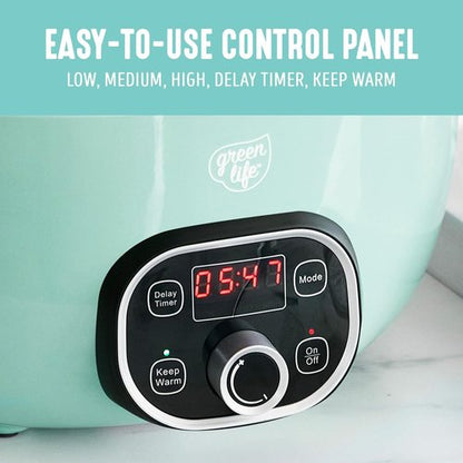 GreenLife 6QT Ceramic Slow Cooker - PFAS-Free Programmable Design with Removable Nonstick Pot - Turquoise