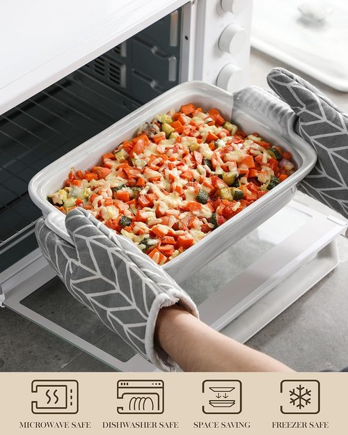MALACASA Casserole Dish - 3.4 Quart Deep Ceramic Bakeware With Lid | Microwave & Oven Safe, Grey