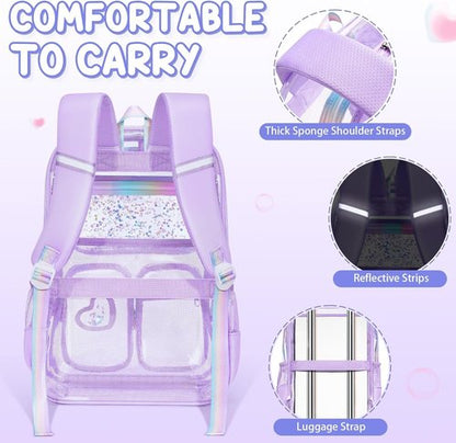 Fimibuke Clear Backpack for Girls - Heavy Duty PVC See-Through Bookbag with Lunch Box & Pencil Case | Pink