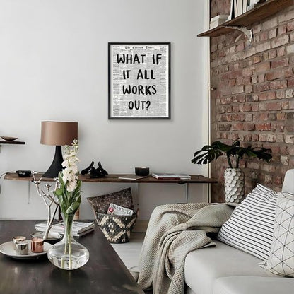 KBKBART Framed Canvas Wall Art - "What If It All Works Out" | 12x16 Inch Black and White Poster for Positive Bedroom Decor