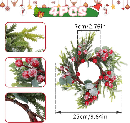 Regine Switzerland Christmas Candle Rings - Mini Wreaths with Red Berries | 2.76-Inch Snowy Pine Garland for Festive Table Centerpieces