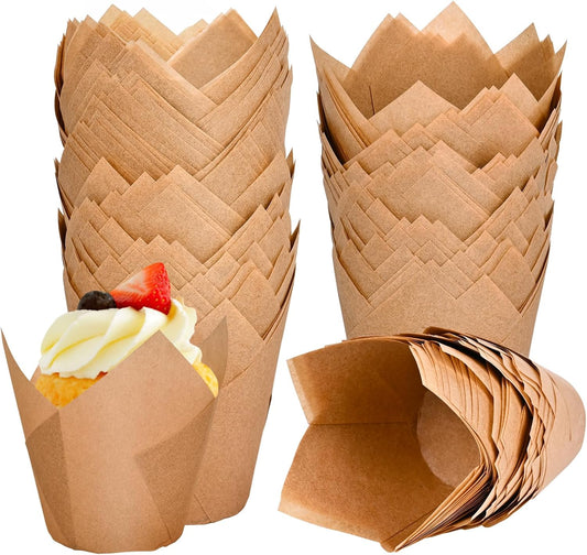 Neyimqr Natural Tulip Cupcake Liners - 120 Count Food Grade Parchment Paper Muffin Holders | Greaseproof for Parties & Holidays