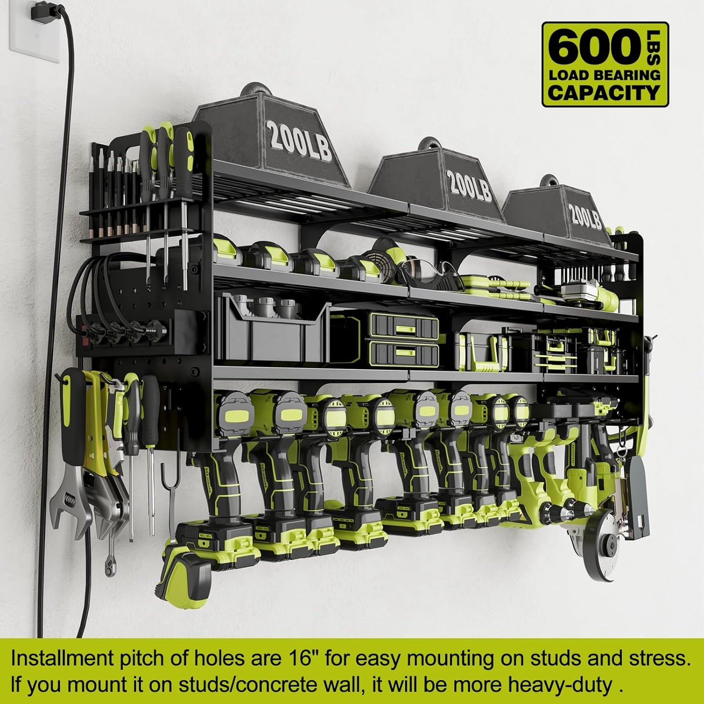 Skiennix Cordless Drill Holder - Heavy-Duty 4-Tier Power Tool Organizer with Pegboard & Power Strip