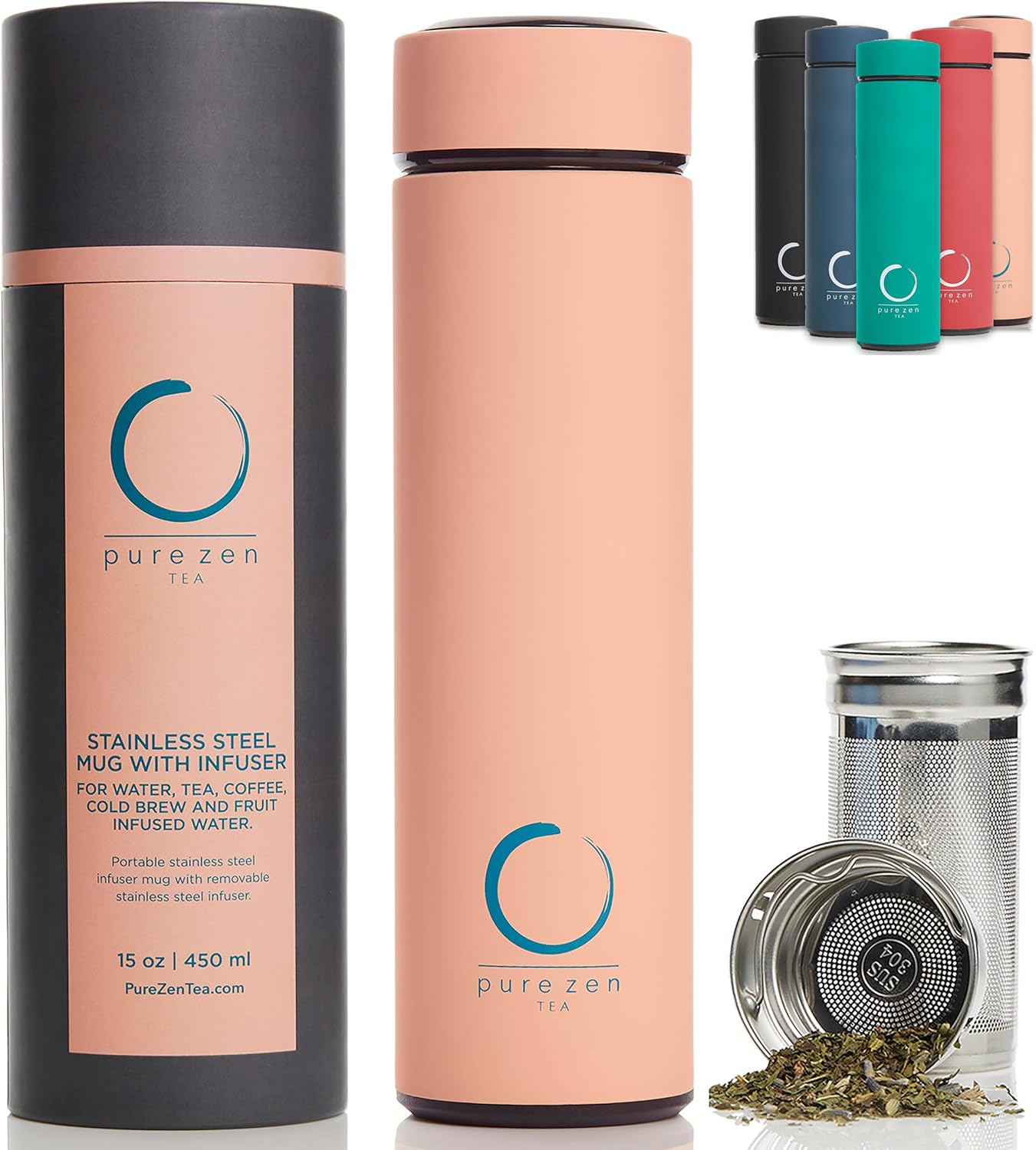 Pure Zen Tea Thermos - Stainless Steel Infuser Bottle for Hot & Cold Brews | 15oz - Pink