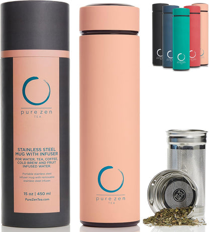 Pure Zen Tea Thermos - Stainless Steel Infuser Bottle for Hot & Cold Brews | 15oz - Pink