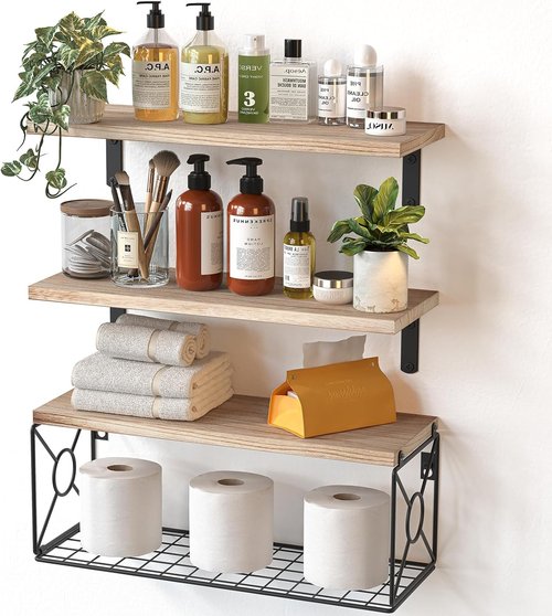 Amada Floating Bathroom Shelves - Stylish Over Toilet Storage with Basket | Natural Wood for Home Organization
