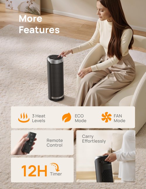 DREO Space Heater, 1500W PTC Ceramic Heaters for Indoor Use with Remote, 70° Oscillation, 1-12H Timer, Electric Heaters with Thermostat, Fast and Safe Portable Heater for Office, Bedroom, Large Room