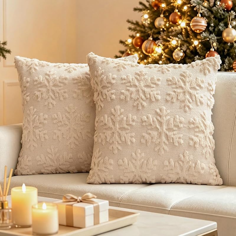 Beige Snowflake Christmas Pillow Covers 18x18 (2 Pack) - Visiontex