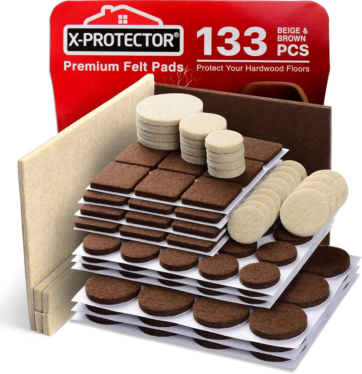 X-PROTECTOR Felt Furniture Pads - 133 Premium Pads for Wood Floor Protection | Brown & Beige