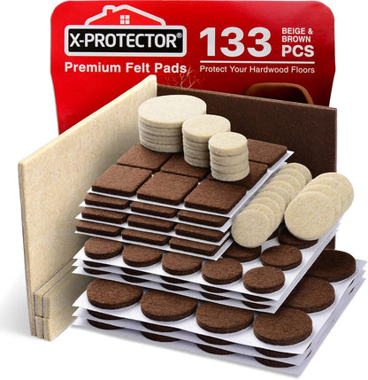 X-PROTECTOR Felt Furniture Pads - 133 Premium Pads for Wood Floor Protection | Brown & Beige