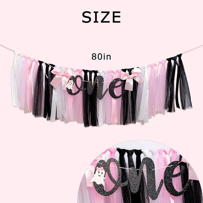 Halloween Ghost One High Chair Banner with Pink, Black & White Tulle Skirt