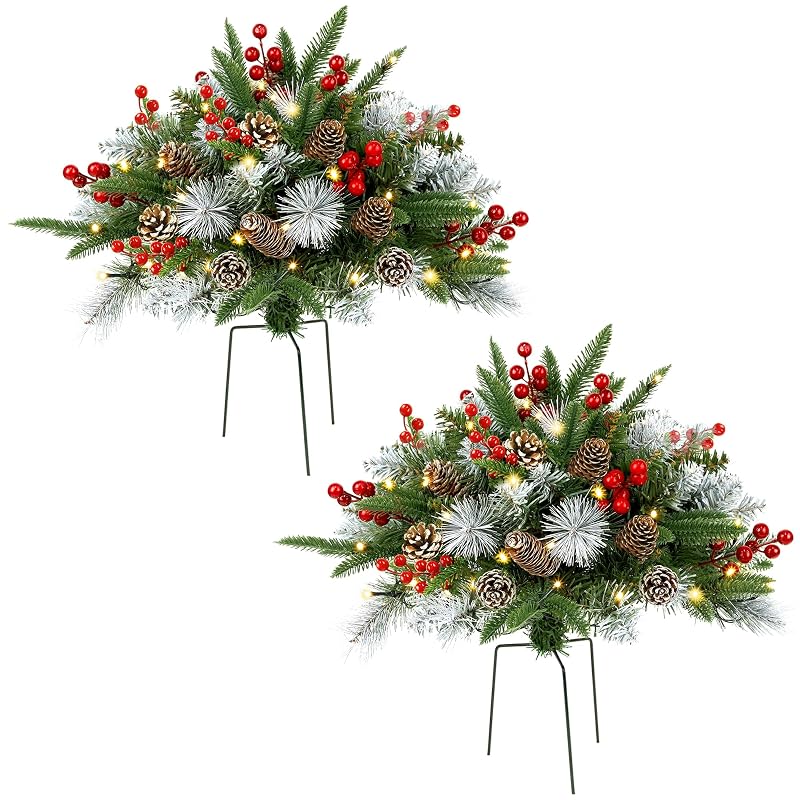Outdoor Urn Filler Set of 2 Lighted Outdoor Christmas Trees – Battery Powered, 13.78" with 50 LEDs, Timer, Ground Stakes (Variation A)