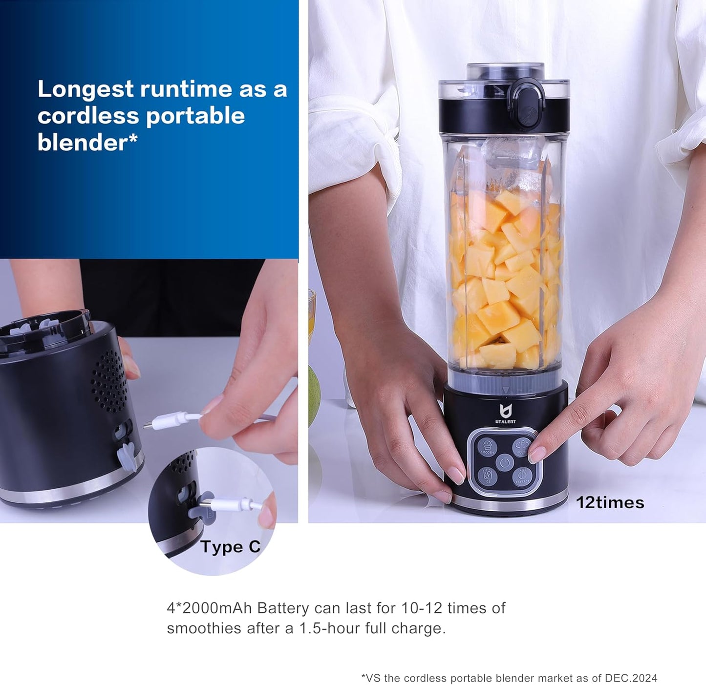 UTALENT Cordless Portable Blender - 700W Personal Blender for Smoothies & Ice Crushing | 25 oz, USB-C Rechargeable, Black