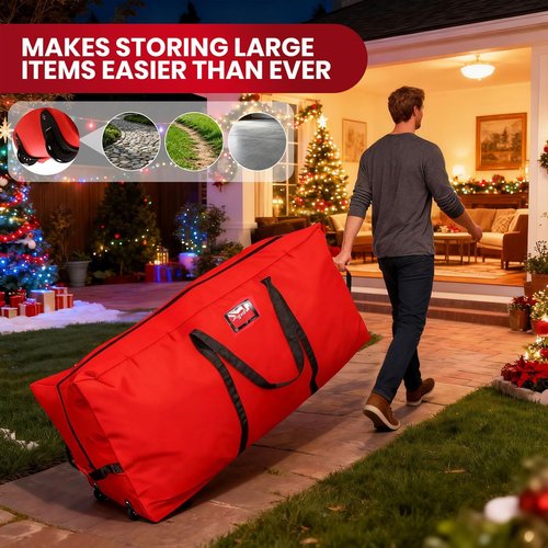 GVDV Rolling Christmas Tree Storage Bag - Fits 7.5 Ft Trees | Waterproof Heavy-Duty Canvas, Red